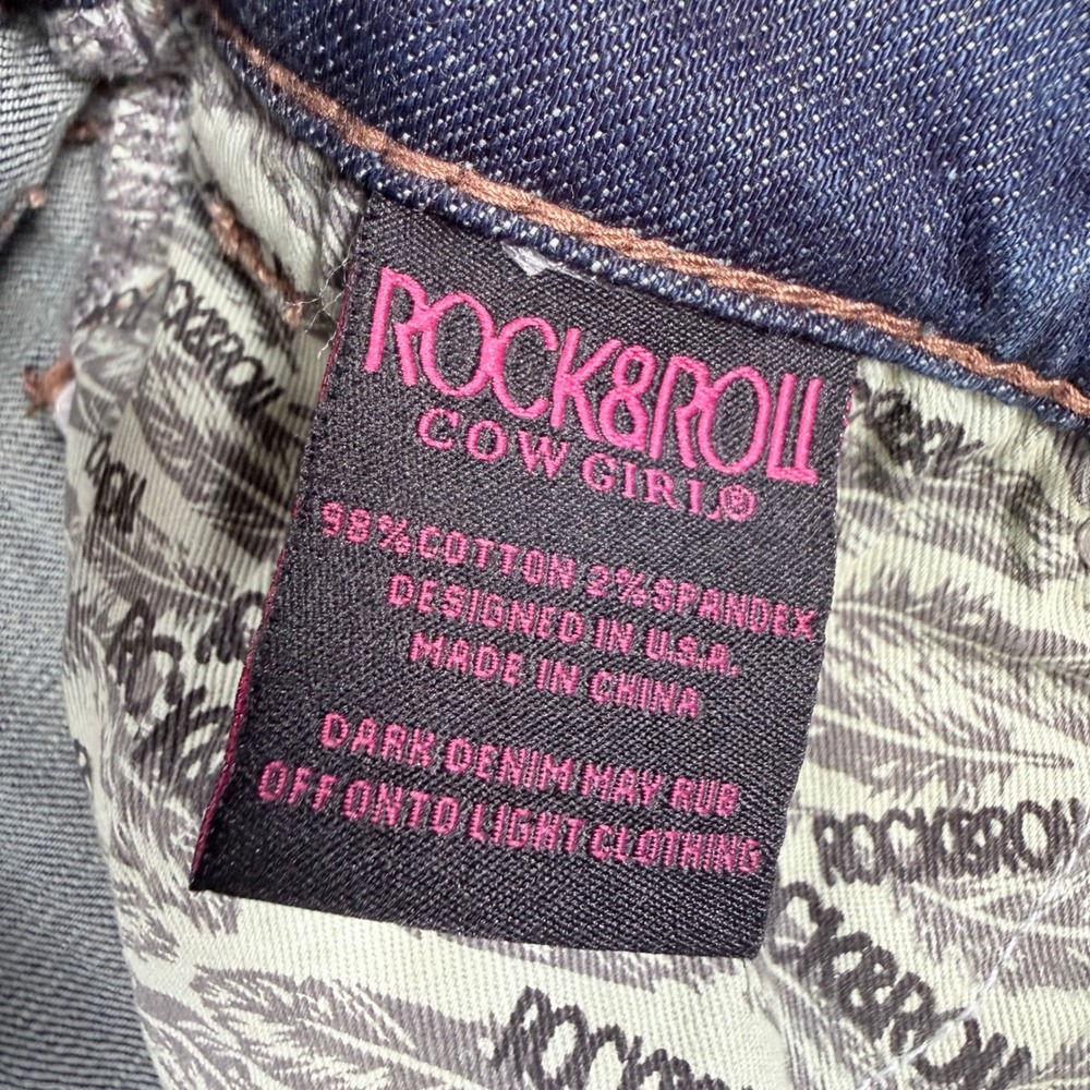 Rock & Roll Cowgirl Riding Jeans 32x30 Dark Wash Embroidered Fringe Hem Boho - Picture 4 of 13